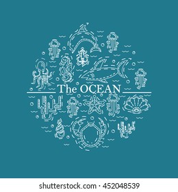 Vector sea creatures in thin line stile. Ocean. Starfish, dolphin, sea horse, shark, octopus, jellyfish, crab, squid, coral, shell.