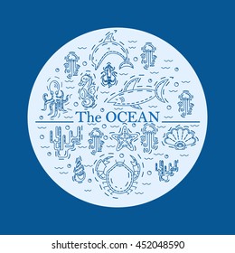 Vector sea creatures in thin line stile on blue background. Ocean. Starfish, dolphin, sea horse, shark, octopus, jellyfish, crab, squid, coral, shell.