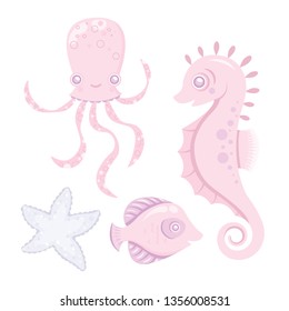Vector sea cute fish, sea horse, octopus. Baby animal. Pink color.