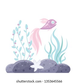 Vector sea cute fish, plants.