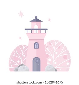 Vector sea cute lighthouse. Pink.