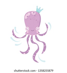 Vector sea cute octopus. Little. Crown.