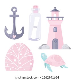 Vector sea cute set. Anchor, bottle, lighthouse, turtle, plants.