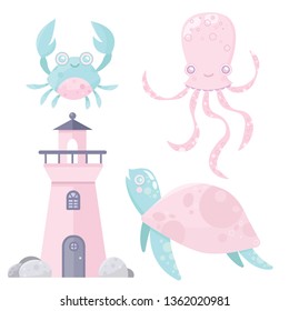 Vector sea cute set. Crab, crayfish, octopus, turtle, lighthouse.