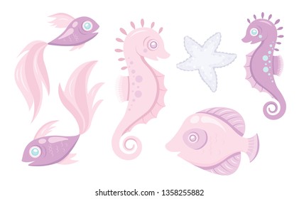 Vector sea cute set. Fish, horse, star. Kid illustration. Little animal.