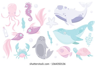 Vector sea cute set. Fish, whale, seal fur, turtle. crab, sea horse.