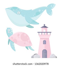 Vector sea cute set. Whale, turtle, lighthouse.