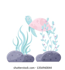 Vector sea cute turtle. Little animal. Baby pink