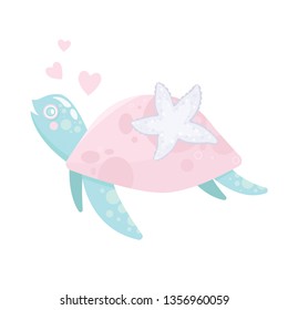 Vector sea cute turtle. Little animal. Baby pink