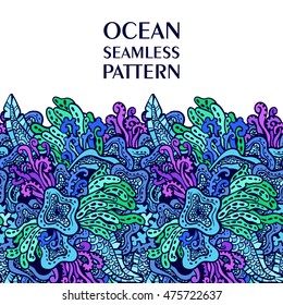 Vector sea design, Seaweed pattern, Vector seamless border background.  Seabed illustration.