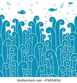 Vector sea design, Seaweed pattern, Vector seamless border background. 