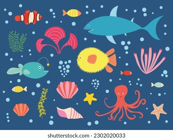 Vector sea fish flat style set. Different kinds of fish and seaweed set. Shark, anglerfish, globefish, octopus, clownfish, shells, reef fish, algae and starfish