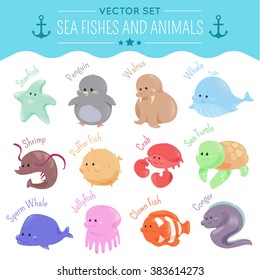 Vector sea fishes and animals depicting different sea creatures on white background. Vector illustration for cute tropical animal or mascot design. Flat cartoon style. Set of happy drawing characters