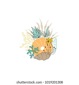 Vector sea floral bouquet. Seaweeds, flowers and shells in arrangement. For greeting cards, weddings, stationery, surface design, scrapbooking. Cute hand drawn style. Part of a large sea collection.