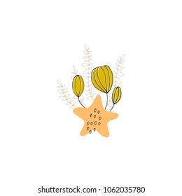 Vector sea floral bouquet. Seaweeds, flowers and shells in arrangement. For greeting cards, weddings, stationery, surface design, scrapbooking. Cute hand drawn style. 