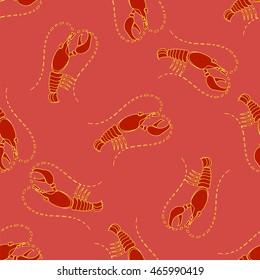 Vector Sea Food Background. Red Lobster Seamless Pattern. Boiled Crayfish Texture