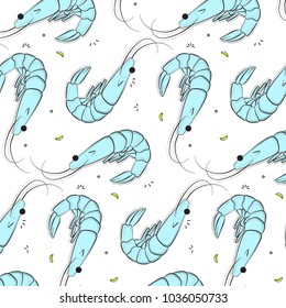 Vector sea food pattern: blue shrimps isolated on white background. Funny kids texture. Marine delicious decoration. 2018 summer design