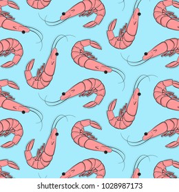 Vector sea food pattern: pink shrimps on blue background. Funny kids texture. Marine delicious decoration. 2018 summer design