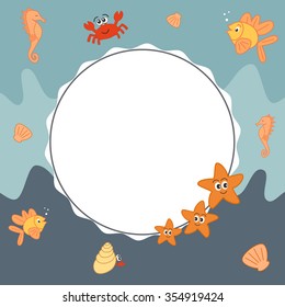 vector sea frame background with cute cartoon marine world sea animals