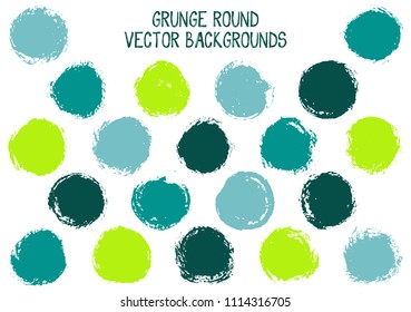 Vector sea green grunge circles isolated. Hipster stamp texture circle scratched label backgrounds. Circular tag, ink logo shape, round button elements. Grunge round shape banner backgrounds set.