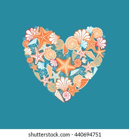 Vector sea heart of seashells and starfishes. Design element. Vintage color abstract illustration for print, web. Concept of seaside resort, vacation, diving