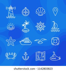Vector sea icons collection. Cute line style ocean set isolated on blue paper cut background. Eps 10