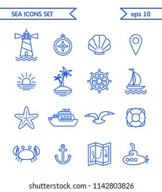 Vector sea icons collection. Cute line style ocean set. Isolated on white