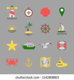 Vector sea icons collection. Cute solid style ocean set. Eps 10. Isolated on grey