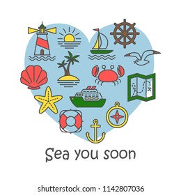 Vector sea icons collection. Sea you soon. Cute heart shape illustration for greeting card and print on t-shirt. Isolated on white