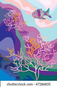 Vector sea illustration. Funny fish and coral under water.