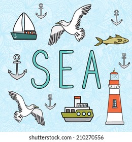 Vector sea illustration with gulls, lighthouse and ships