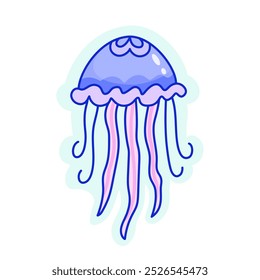 Vector sea jellyfish icon, illustration of marine cartoon blue jellyfish isolated on white background