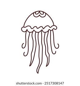 Vector sea jellyfish outline icon, illustration of marine cartoon jellyfish in line art style, children's illustration