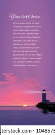 Vector sea landscape with lighting lighthouse at sunset or sun rise. Design template in trendy style navigational and travel concept. Biblical Beacon in realistic style.