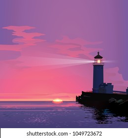 Vector sea landscape with lighting lighthouse at sunset or sun rise. Design template in trendy style navigational and travel concept. Biblical Beacon in realistic style.