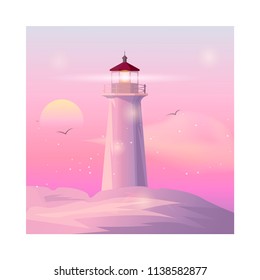 Vector sea landscape with lighting lighthouse at sunset.