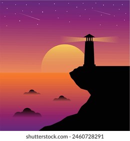 Vector sea landscape with lighting lighthouse at sunset or sun rise. Design template in trendy style navigational and travel concept. Biblical Beacon in realistic style.