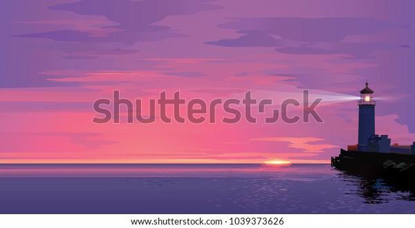 Vector sea landscape\
with lighting lighthouse at sunset or sun rise. Design template in\
trendy style navigational and travel concept. Biblical Beacon in\
realistic style.