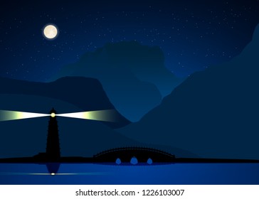 Vector sea landscape with lighting lighthouse.Design template in trendy style navigational and travel concept.