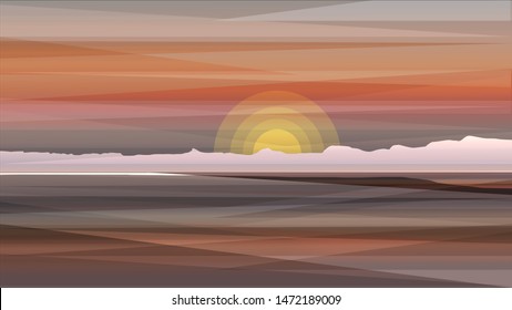 Vector sea landscape with lighting at sunset or sun rise. Design template in trendy style navigation and travel concept. Realistic style. EPS 10.