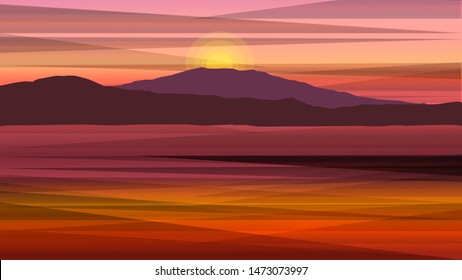 Vector sea landscape with lighting at sunset or sun rise. Design template in trendy style navigation and travel concept. Realistic style. EPS 10.
