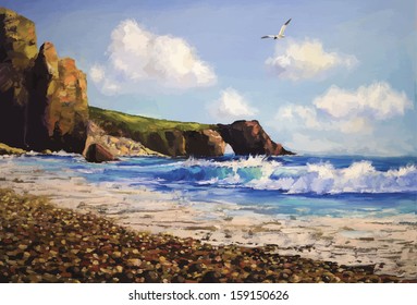 Vector sea landscape with seagull