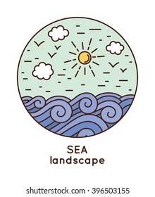 Vector sea landscape in trendy linear style. Travel concepts