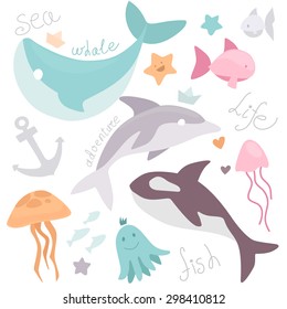 Vector sea life animals collection set with dolphin, whale, jellyfish, fishes, sea stars in flat modern design