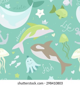 Vector sea life animals seamless pattern with dolphin, whale, jellyfish, fishes, sea stars in flat modern design