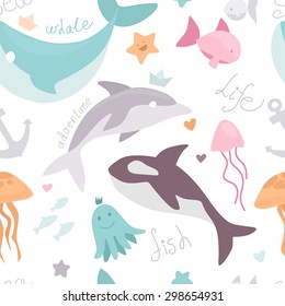 Vector sea life animals seamless pattern with dolphin, whale, jellyfish, fishes, sea stars and so on in flat modern design