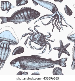 Vector Sea life background. Hand drawn Mussels, fish, crab, starfish, squid, jellyfish, shellfish sketch. Vintage seamless pattern.