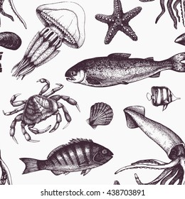 Vector Sea life background. Hand drawn Mussels, fish, crab, starfish, squid, jellyfish, shellfish sketch. Vintage nautical pattern.