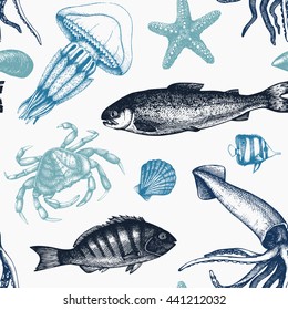 Vector Sea life background. Hand drawn Mussels, fish, crab, starfish, squid, jellyfish, shellfish sketch. Vintage nautical pattern.