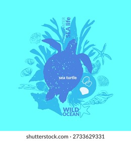 Vector sea life background. Sea turtle with shells, seaweed, starfish, coral fish, nautilus, corals silhouettes. Ocean wild animals.